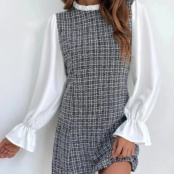 Black and White Elegant Women's Plaid Flounce Sleeve Frill Trim Tweed Dress - Picture 1 of 5